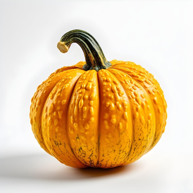 a yellow pumpkin with a green stem and a black stem