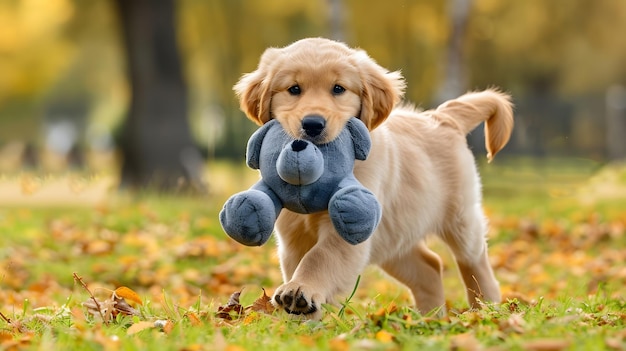 Photo a yellow puppy with a stuffed animal in its mouth is holding a stuffed animal