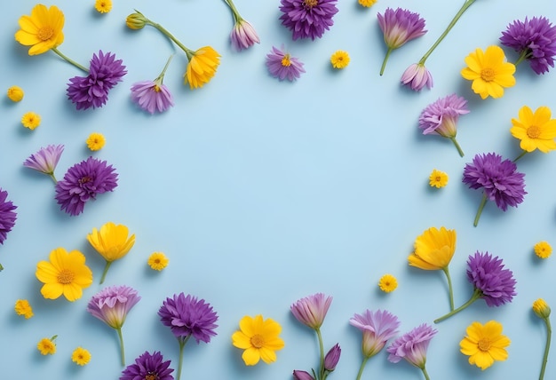 Yellow and purple flowers on pastel blue background Spring concept