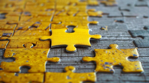 yellow puzzle pieces are arranged on a wooden surface generative ai