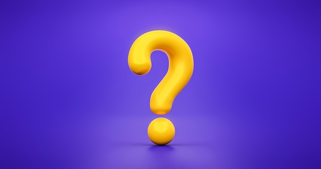 Yellow question mark icon sign or ask faq answer solution and information support illustration business symbol on purple background with search problem graphic idea or help concept. 3D rendering.