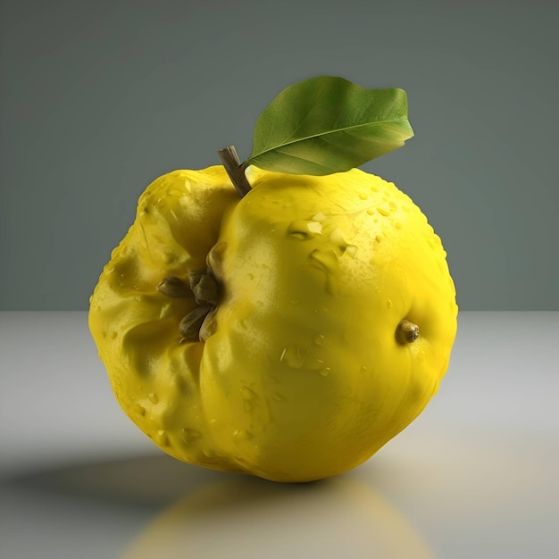 Yellow quince with green leaf on a gray background 3d render