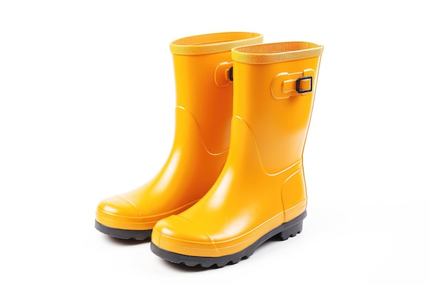 Yellow rain boots made of waterproof rubber are essential for wet weather and garden work keeping your feet dry and stylish Isolated on white background