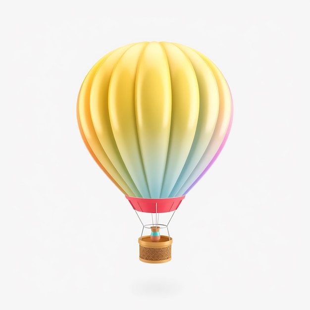 A yellow and rainbow hot air balloon with a wicker basket against a white background