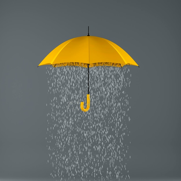 Yellow rainy umbrella on gray background Autumn symbol Fall colors Creative 3D rendering