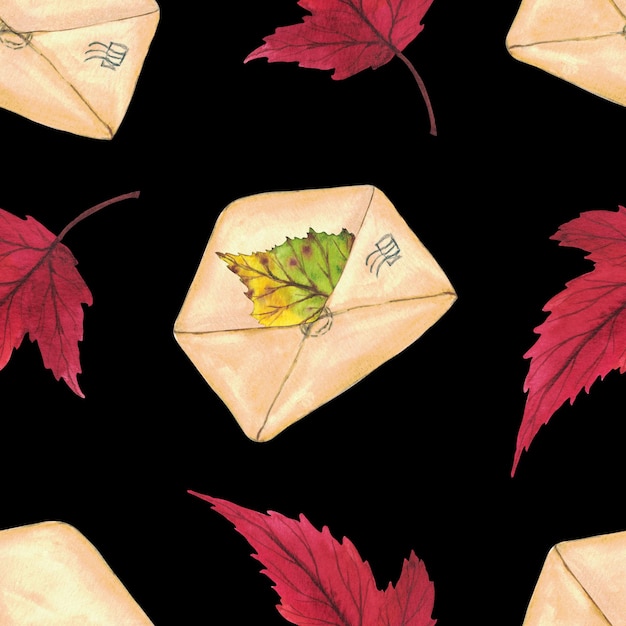 Yellow and red autumn leaves Seamless pattern on a black background Watercolor illustration Clip art botany foliage