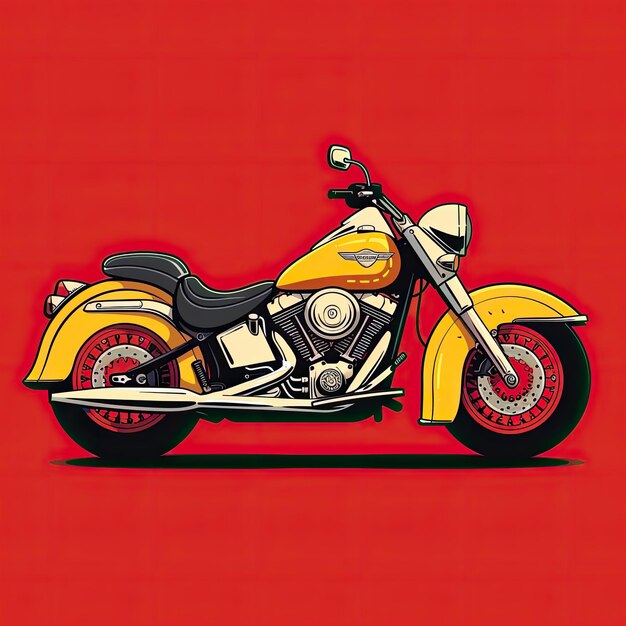 A yellow and red motorcycle is displayed against a yellow background