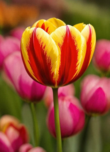 Photo a yellow and red tulip with a yellow and red stripe