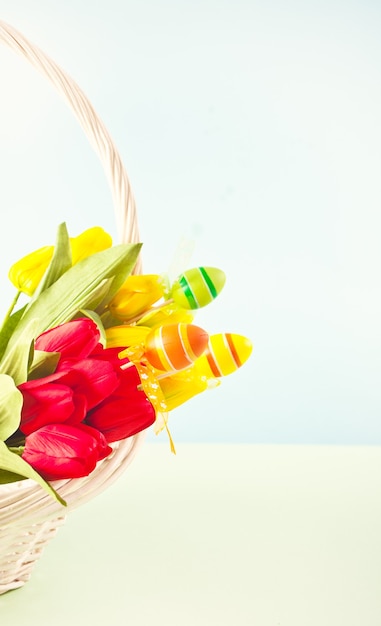 Yellow and red tulips in basket for Easter day on the light blue background. Copy space.