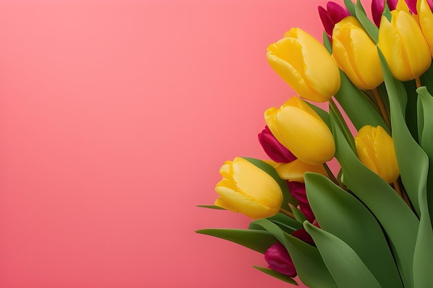 Yellow and red tulips on a pink background