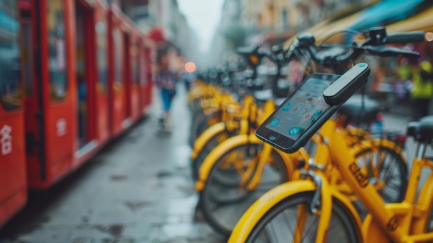 Photo yellow rental bikes with mobile phone holder in urban street