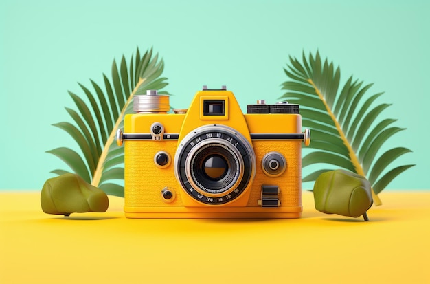 Yellow retro camera with palm leaves on a yellow background 3d rendering