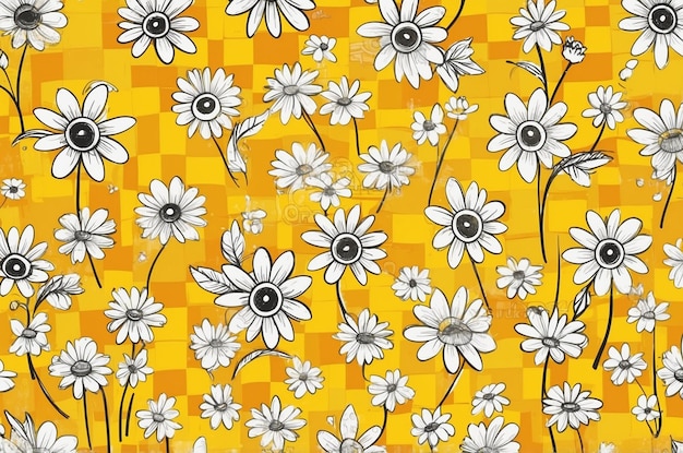 Yellow retro checkered background with groovy smiley daisy flowers