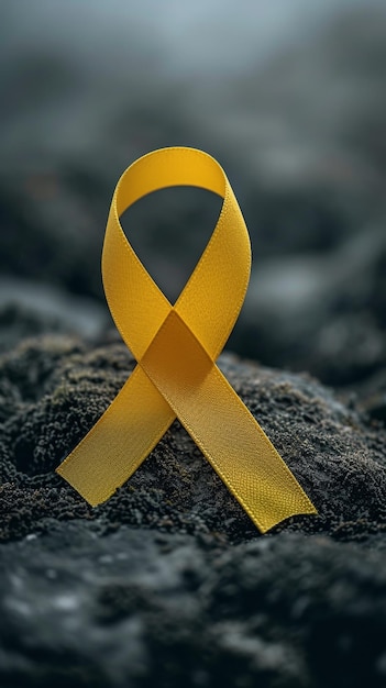 Yellow ribbon on dark textured background cancer awareness concept