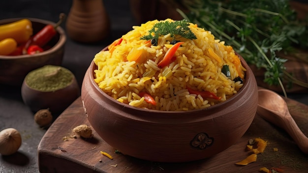 Yellow rice served with steaming vegetables and spices with generative ai