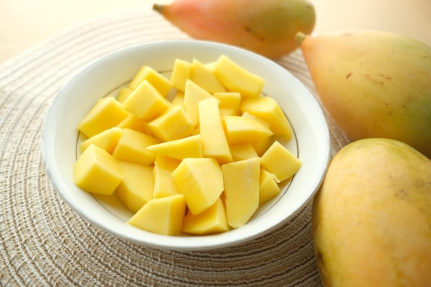 yellow ripe cut mango in a bowl top down