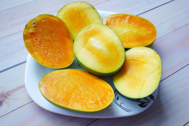 yellow ripe cut mango in a bowl top down