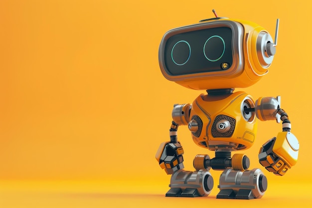 A yellow robot with a friendly face stands on a solid orange background