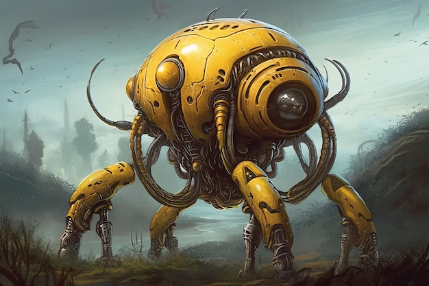 A yellow robot with a large head and a large eye.