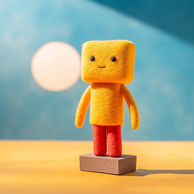 a yellow robot with a yellow shirt on it sits on a wooden table