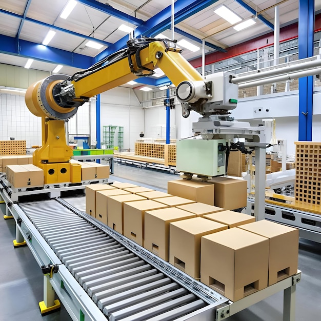 A yellow robotic arm efficiently packs boxes onto a conveyor belt in a modern warehouse