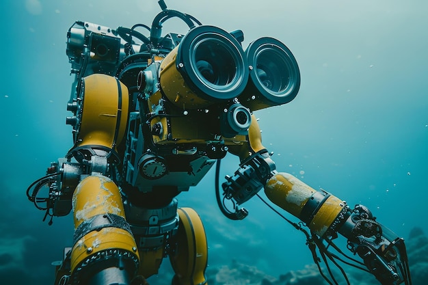 Photo a yellow robotic submersible with large cameras explores the ocean depths a robot exploring the depths of the ocean equipped with advanced sensors and cameras