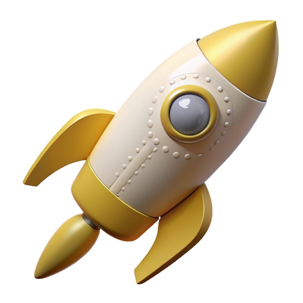 a yellow rocket that has a black dot on the bottom