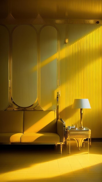 A yellow room with a gold side table and a mirror.