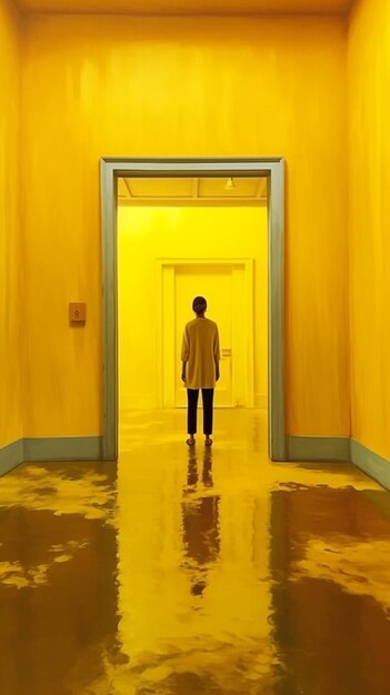 Photo a yellow room with a man standing in the doorway