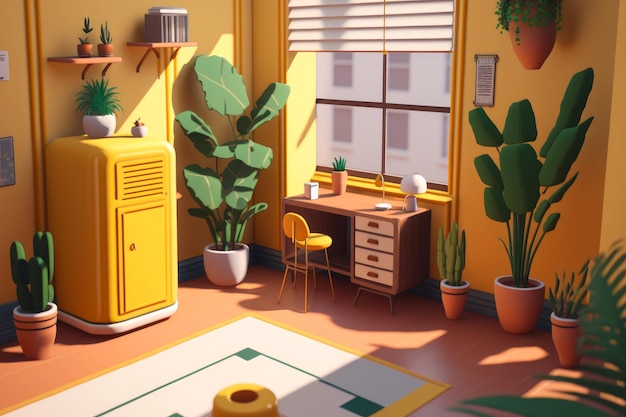 Yellow room with plants and refrigerator Generative AI