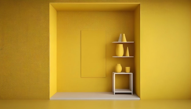 A yellow room with a shelf and vases on it