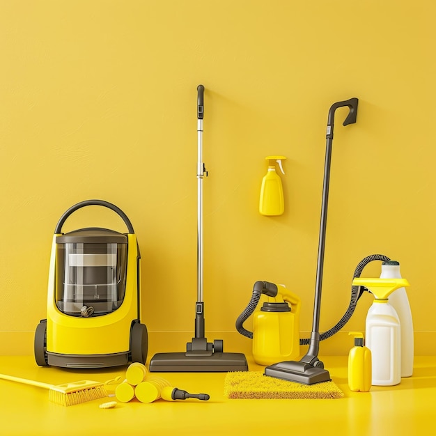 a yellow room with a sprayer and a sprayer on the floor