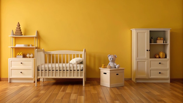 a yellow room with a white crib and a white crib