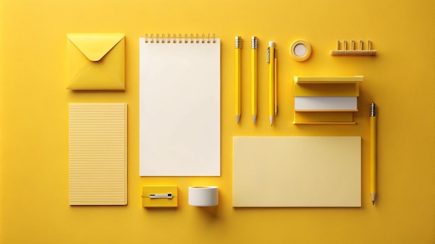 a yellow room with a white notebook pencil and other items on the wall