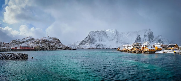 Yellow rorbu houses lofoten islands norway