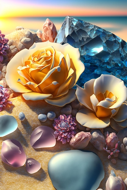 Yellow rose sitting on top of a sandy beach generative ai