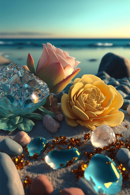 Yellow rose sitting on top of a sandy beach generative ai