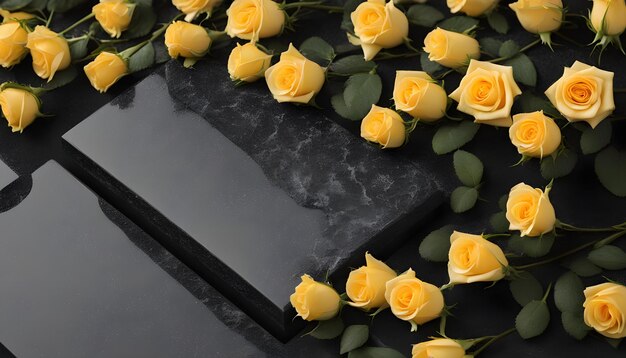 Yellow roses on black granite tombstone Funeral ceremony