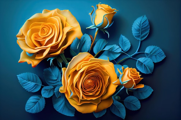 Yellow Roses in Blue Harmony Generative AI