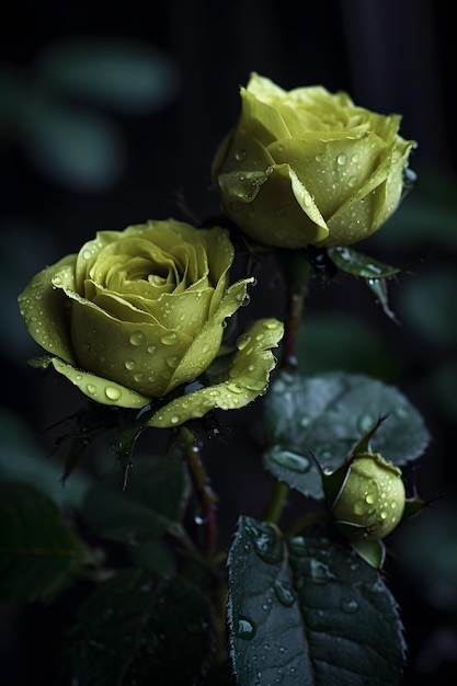 Yellow roses in the rain