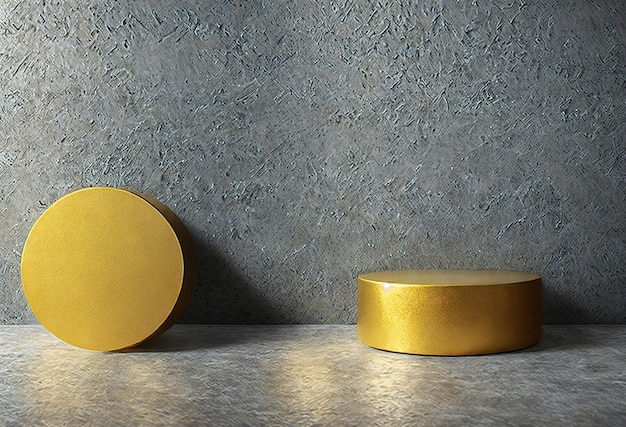 A yellow round box sits in front of a gray wall.