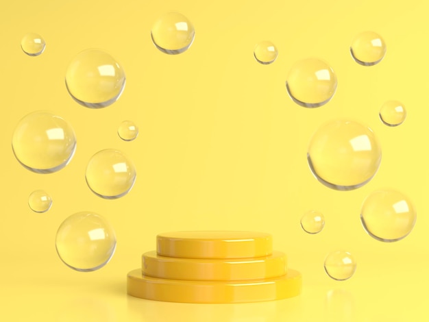 Yellow round stage pedestal or podium and water and glass bubbles or spheres in yellow studio 3d rendering