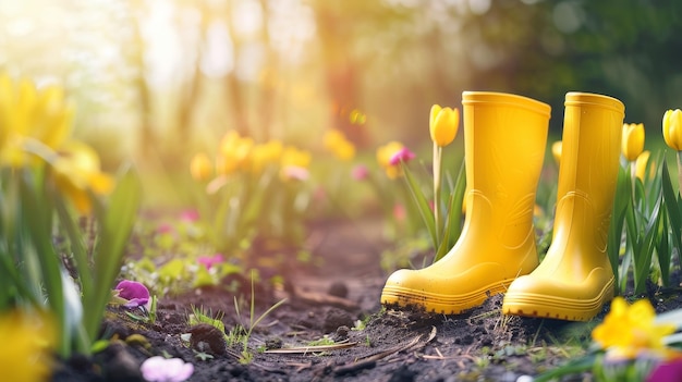 Yellow rubber boots in a garden with blooming flowers against a spring backdrop