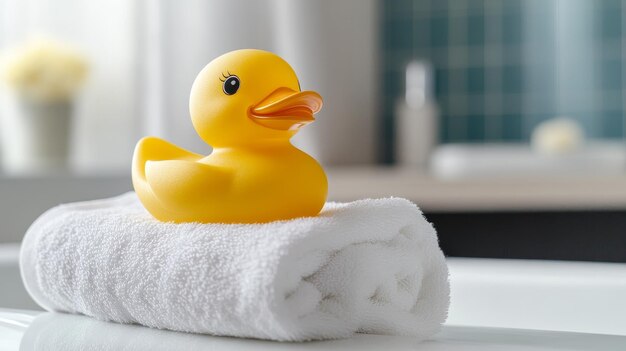 Photo yellow rubber duck on a white towel in a bathroom a yellow rubber duck sits on a white towel