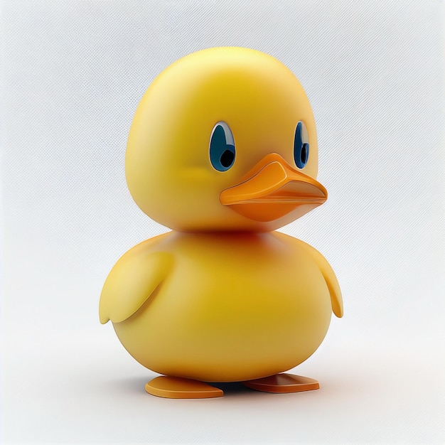 A yellow rubber duck with blue eyes is standing against a white background.