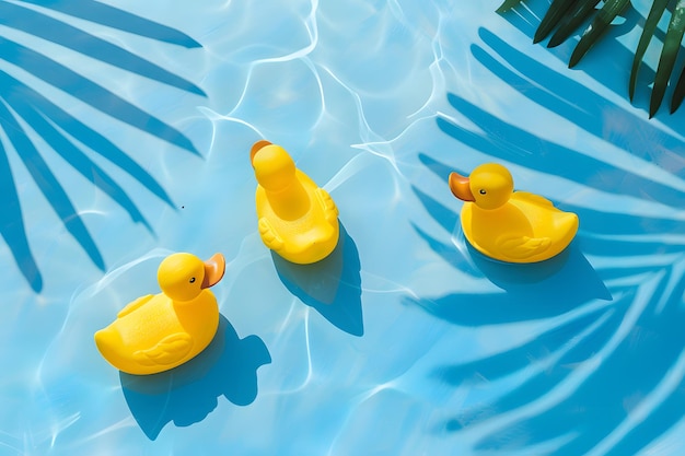 Yellow rubber ducks floating in swimming pool with palm leaf shadow on blue background