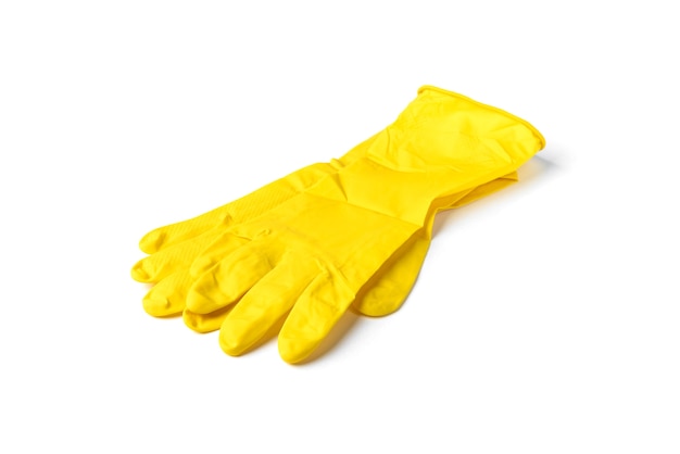 Yellow rubber gloves isolated on white background.