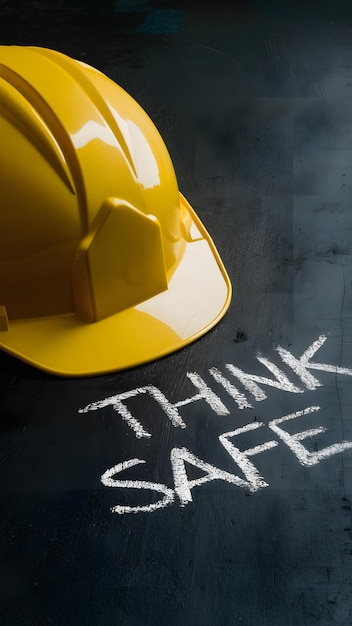 Photo yellow safety helmet with think safe on dark surface vertical mobile wallpaper