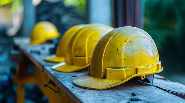 Yellow safety helmet on the wood table in the construction site of building