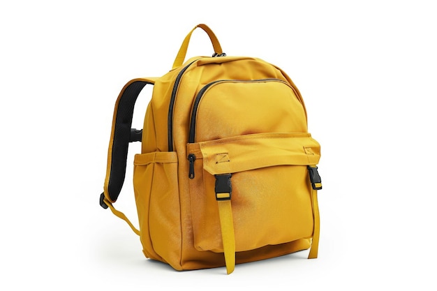 Yellow school backpack isolated on white background